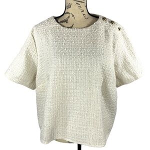 H&M Womens Cream Textured Short-Sleeve Tweed Top with Shoulder Buttons